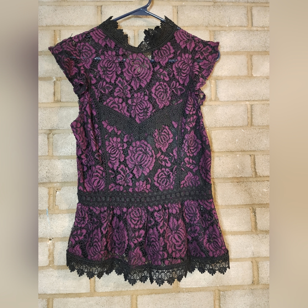 Haute Monde Black & Purple Lace Peplum Blouse